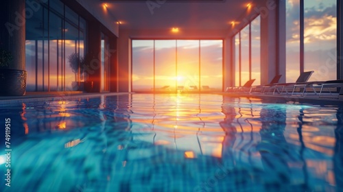 Modern architecture design luxury indoor swimming pool with large windows in soft sunset light © ND STOCK