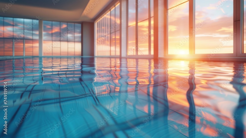 Fototapeta premium Modern architecture design luxury indoor swimming pool with large windows in soft sunset light