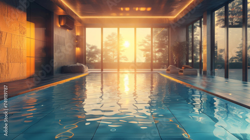 Modern architecture design luxury indoor swimming pool with large windows in soft sunset light © ND STOCK
