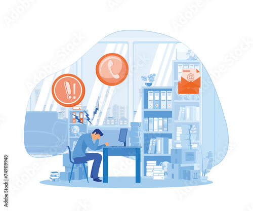 Stress in Office concept. Tired and exasperated office worker is grabbed his head among piles of papers and documents. flat vector modern illustration 