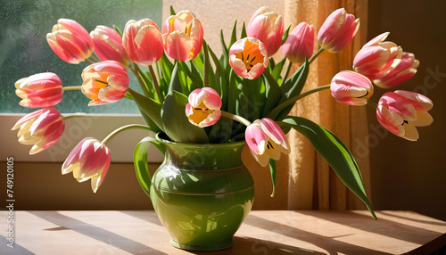 Pink Tulips, Vase, Table, Flowers, Floral, Bouquet, Decoration, Decor, Bloom, Petals, Spring, AI Generated