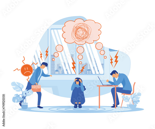 Stress in Office concept. Showing a group of people having stress moment chasing deadline, Suitable for landing page. flat vector modern illustration 