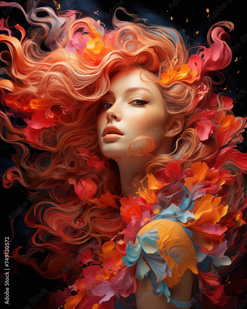 Artistic Abstract Female Portrait with Colorful Flower Hair Texture