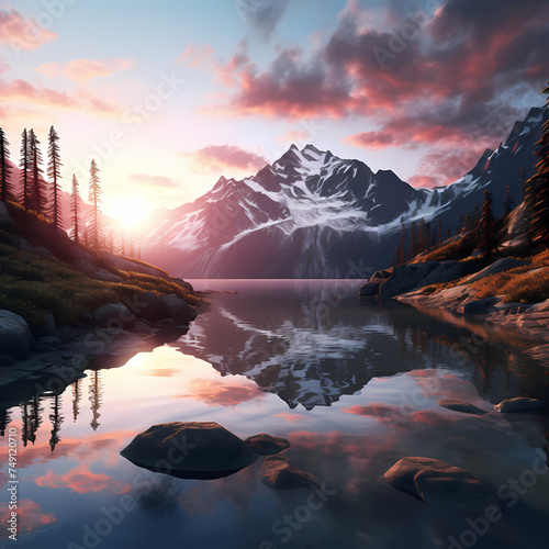 A serene mountain lake reflecting the sunset.