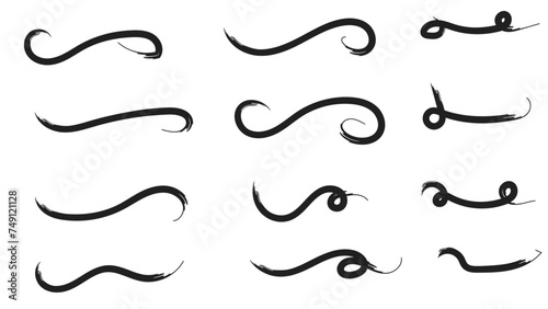 Brush strokes, black ink lines, vector abstract set with paint brush grunge texture on transparent background. Paintbrush strokes and ink smear stains. doodle underlines. vector illustration