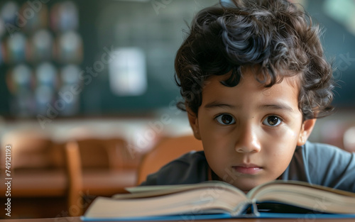 close up of a child focused on reading a book in class, sitting alone at a desk, with a blackboard and empty chairs in the background, Ai generated Images