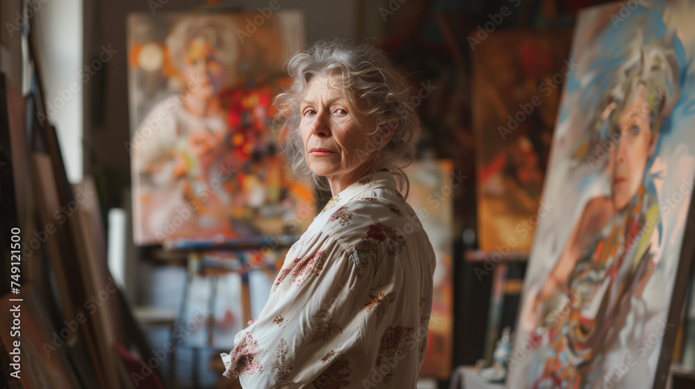 A contemplative artist in their studio surrounded by paintings