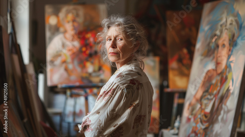 A contemplative artist in their studio surrounded by paintings