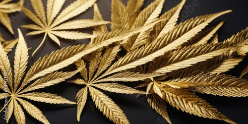 Luxury golden background with cannabis leaves. Minimal trendy design wallpaper marijuana. Black and gold leaves cannabis