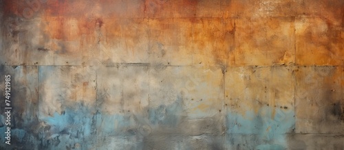 This painting showcases a captivating fusion of brown, blue, and yellow hues on a rusty concrete wall. The colors beautifully fade into each other, creating a mesmerizing visual effect.