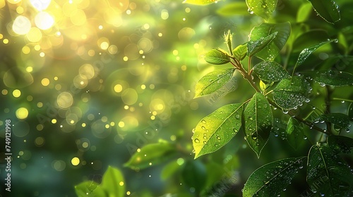 Abstract green nature blurred background with bright sunlight, flare and bokeh effect, blurry gradient backdrop 