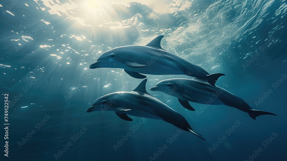 Fototapeta premium In a graceful display of aquatic prowess, a trio of dolphins glide near the ocean's surface, their movements accentuated by the sun's rays filtering through the water, casting an ethereal glow.