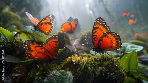 Orange and black butterflies gather on lush green foliage in a mist-covered tropical rainforest environment. © HappyFarmDesign
