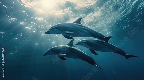In a graceful display of aquatic prowess, a trio of dolphins glide near the ocean's surface, their movements accentuated by the sun's rays filtering through the water, casting an ethereal glow. © HappyFarmDesign