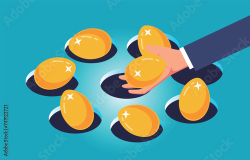 investment strategies and plans, diversification to reduce the riskiness of investments, risk avoidance, hand holding the eggs inside each cave photo