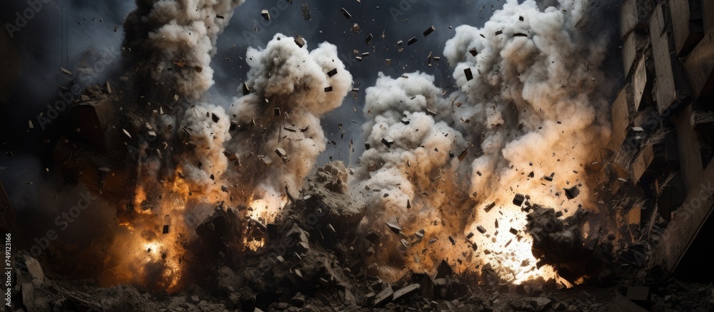 A building emits a significant amount of smoke after a coal mine explosion caused by the installation of cast explosives during drilling. The smoke rises into the sky, creating a cloud of blackness A building emits a significant amount of smoke after a coal mine explosion caused by the installation of cast explosives during drilling. The smoke rises into the sky, creating a cloud of blackness