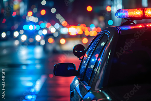 police car lights at night in city street with selective focus and bokeh. Neural network generated image. Not based on any actual person or scene.