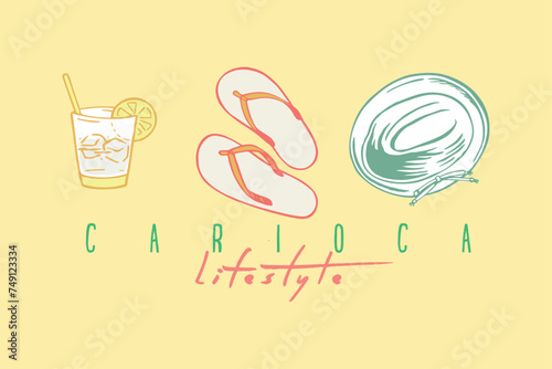 Vector illustration of composition with hat, glass of caipirinha and flip-flops. Art representing a Rio lifestyle. Drawing in simple and stylized strokes. photo