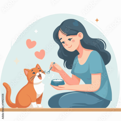 flat illustration of a woman feeds a cat with love