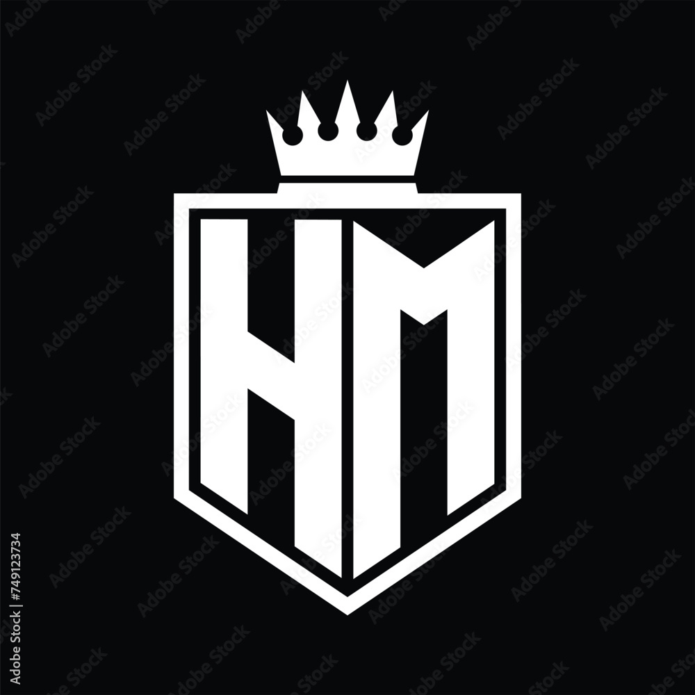 HM Logo monogram bold shield geometric shape with crown outline black and white style design HM Logo monogram bold shield geometric shape with crown outline black and white style design