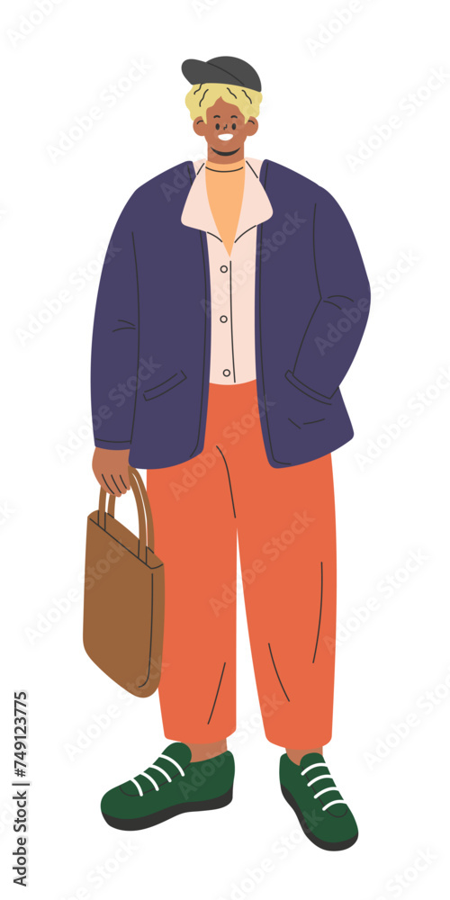 Young man in casual outfit. Trendy stylish fashion winter costume, knit shirt, jacket, pants, cap, sneakers and holding a bag. Flat cartoon style vector illustration isolated on white background Young man in casual outfit. Trendy stylish fashion winter costume, knit shirt, jacket, pants, cap, sneakers and holding a bag. Flat cartoon style vector illustration isolated on white background