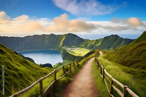 A path leading to viewpoint Miradouro da Boca do Inferno in Sao Miguel Island, Azores, Portugal. Amazing crater lakes surrounded by green fields and forests. Tourist at the end of the scenic way.
 photo