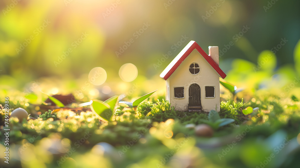 Spring background with a tiny toy house symbolizing family mortgage construction rental and property concepts. Neural network generated image. Not based on any actual person or scene. Spring background with a tiny toy house symbolizing family mortgage construction rental and property concepts. Neural network generated image. Not based on any actual person or scene.