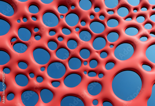 Abstract red porous structure on a blue background, 3D render for scientific or medical design concepts.