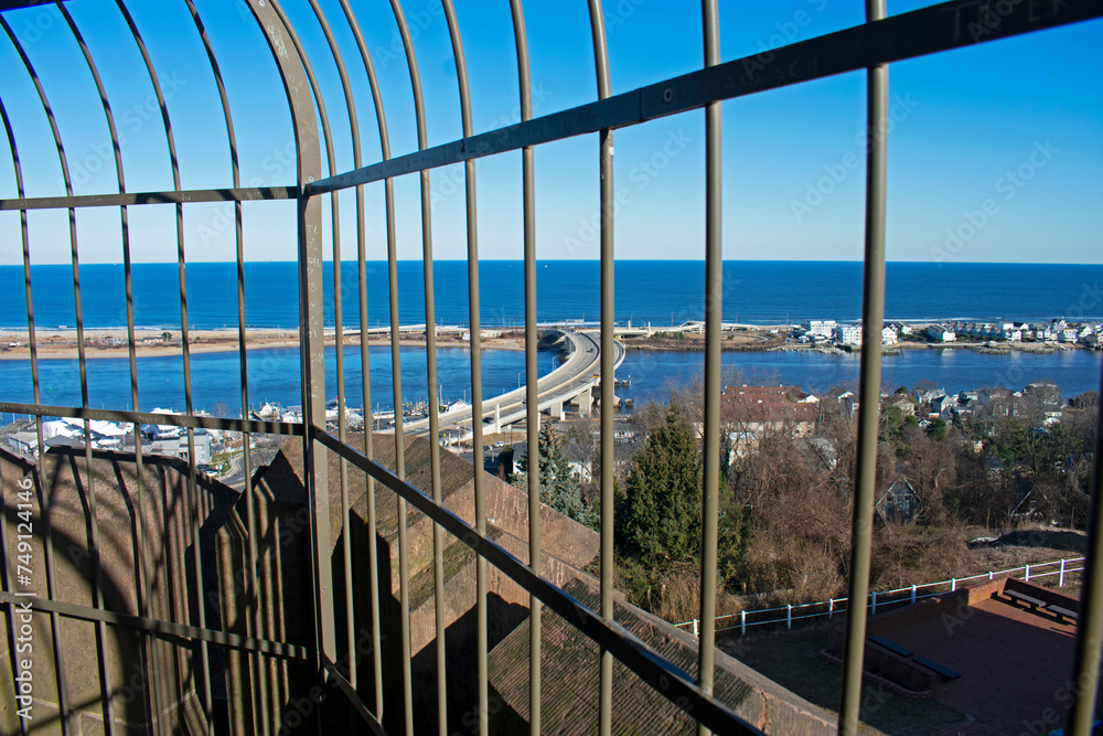 Bridge on Route 36, New Jersey, connecting the Atlantic Highlands with Sandy Hook and Sea Bright in New Jersey, USA, viewed through the railing on the north tower of the Navesink Twin Lights -08