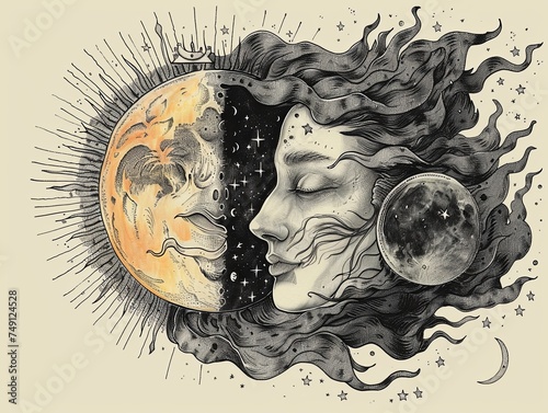 Use intricate line work to symbolize the intricate relationship between the sun and moon photo