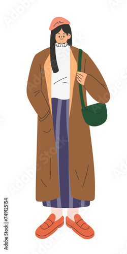 Young lady wearing fashionable winter clothes, beret hat, sweater, long coat, long striped skirt, moccasins and crossbody bag. Flat cartoon style vector illustration isolated on white background