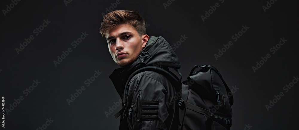 Obraz premium A trendy young man is captured in a studio photo wearing a black jacket and carrying a backpack. He exudes a cool and urban vibe, ready to tackle his day.