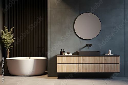 3D render close up empty space on luxury bathroom vanity unit counter top with modern white ceramic wash basin, mirror, beauty toiletries, decor flower bouquet, morning sunlight, white wall. 