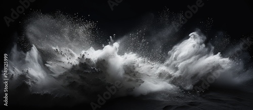 This black and white image captures the intense power of a wave as it crashes and swirls, creating a striking contrast against the dark background. The explosive white dust adds a dramatic element to photo