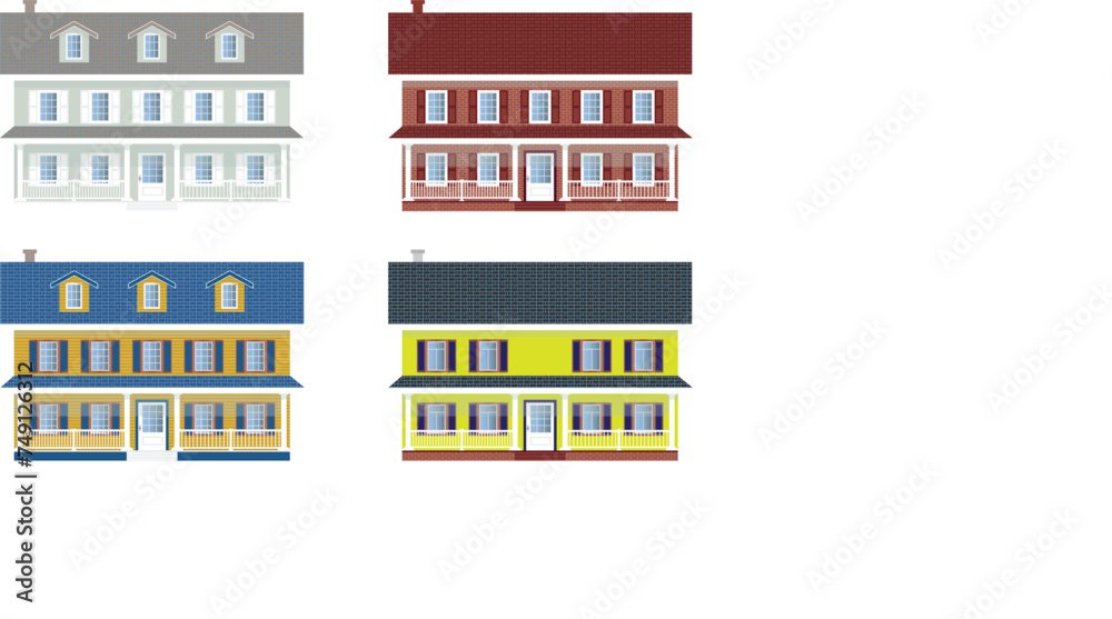 Vector. 2d house elevations shown as painted, vinyl siding house and red brick house. Shows an attic with a dormer windows. Exterior house design.