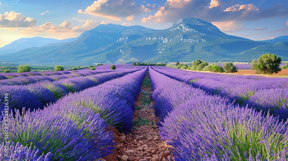 Beautiful detail of scented lavender flowers field perfect Radiant Orchid color in Provence France