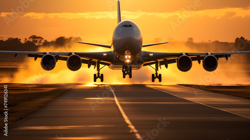 Golden Hour Landing: A Spectacular View of an Aeroplane Touching Down at Sunset