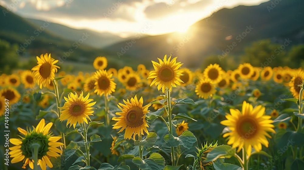 Obraz premium Beautiful field of blooming sunflowers against sunset golden light and blurry mountains landscape background
