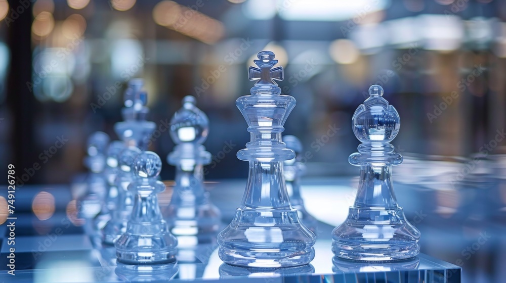 Glass Chess Pieces on Sleek Table, Reflecting Business Tactics Glass Chess Pieces on Sleek Table, Reflecting Business Tactics