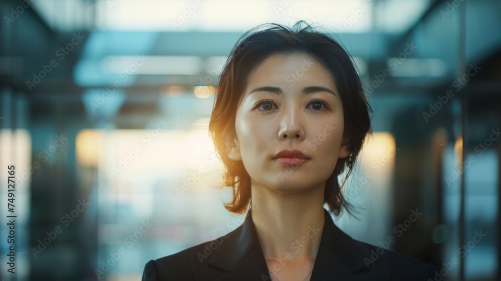 Naklejka premium Charismatic Japanese Businesswoman, Motivational Corporate Pillar