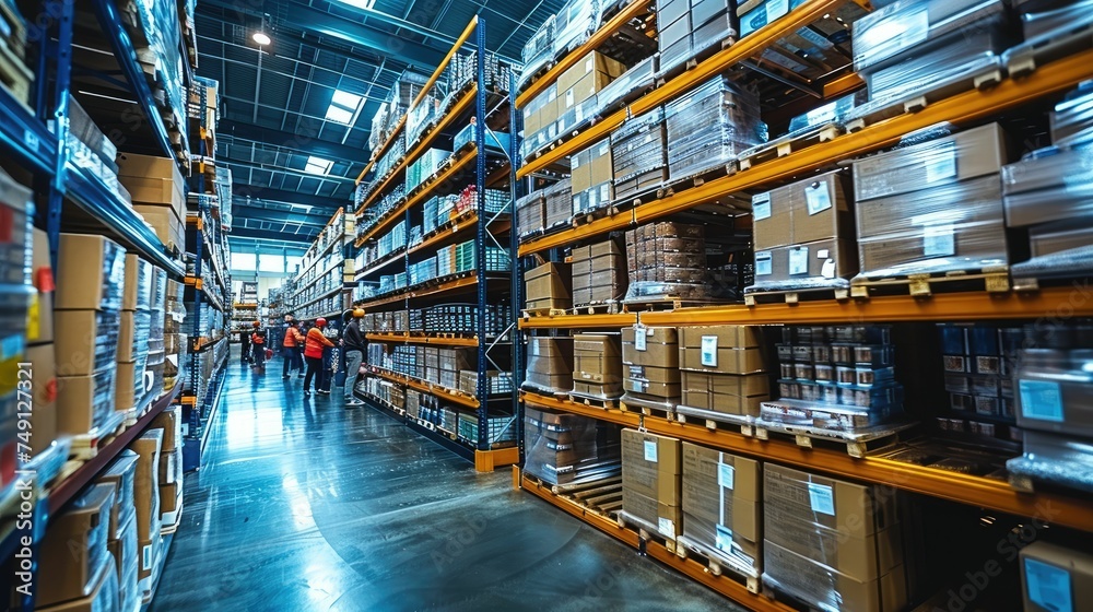 Amidst the towering shelves and bustling activity, workers diligently carry out their tasks in the modern large warehouse Amidst the towering shelves and bustling activity, workers diligently carry out their tasks in the modern large warehouse