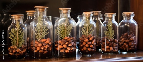 A line of clear glass bottles containing pine cones alternated with cedar nuts, preserving them with cedar oil. Each bottle is filled with a mix of natural elements, creating a rustic and aromatic