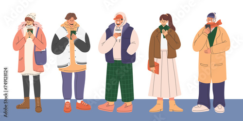 Men and women wear fashion winter outfit. Teenager characters in trendy casual clothes, coat, jacket, sweater, hat, bag, scarf, boots. Lifestyle of young people. Flat cartoon style vector illustration