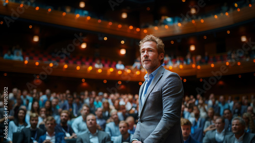 Businessman motivational speaker standing on stage in front of an audience for a speech at conference or business event.