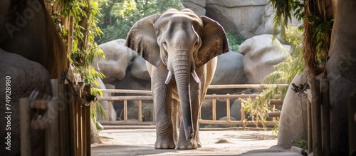 An Asian elephant is walking through a tunnel in the zoo enclosure. The elephants massive size contrasts with the man-made structure, showcasing the relationship between wildlife and captivity.