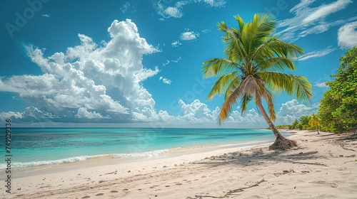 Beautiful tropical beach with white sand  palm trees  turquoise ocean against blue sky with clouds on sunny summer day