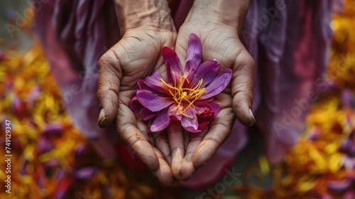 Closeup purple saffron flower with labor hand