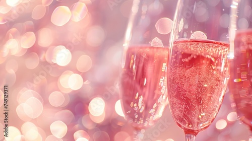 Closeup champagne glasses on blurred glittering pink background