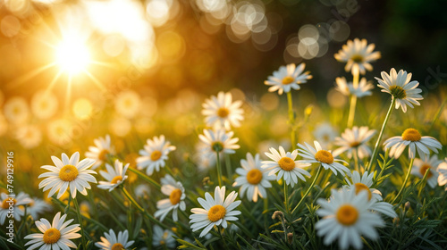 The blooming flowers are beautiful the field of colors. Daisy field on a clear day Daisies come in white and yellow. and surrounded by green grass surrounded by green nature and shining sun.