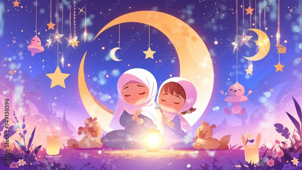 Cute moslem child praying at the night of ramadan. Big moon and stars ornament background. Eid Mubarak celebration day. Enchanted 4k loop animation video Cute moslem child praying at the night of ramadan. Big moon and stars ornament background. Eid Mubarak celebration day. Enchanted 4k loop animation video